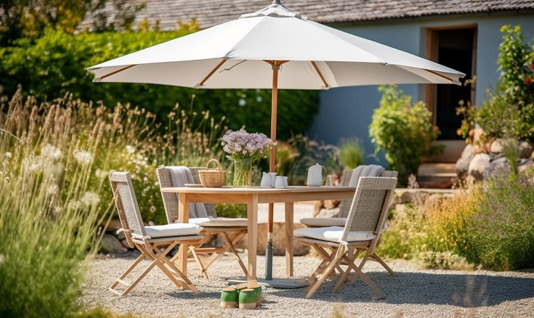garden chairs, garden table and parasol in the garden, cozy at home in the garden. Generative AI